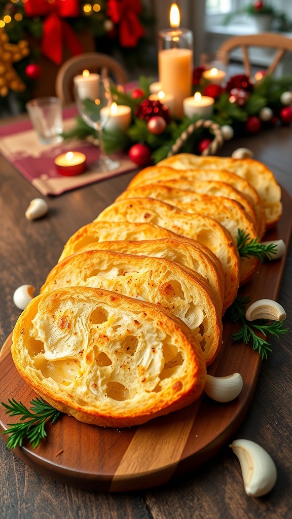 Golden garlic bread slices garnished with parsley on a rustic wooden table, surrounded by festive holiday decorations.